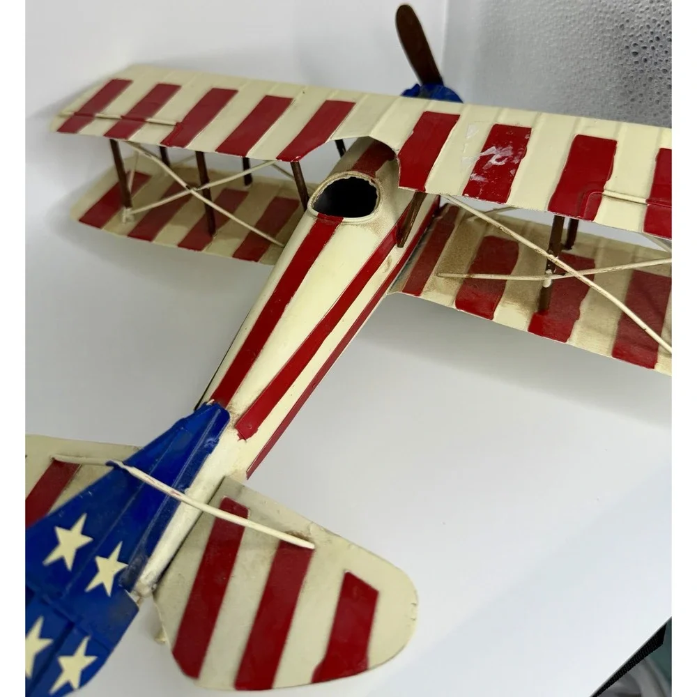 Vintage Airplane Biplane 1920s Blue Red Collectible Metal Tin - Model for Decor